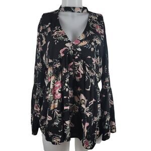 A.N.A  A New Approach Black Pink Floral Bell Sleeve Women Blouse L